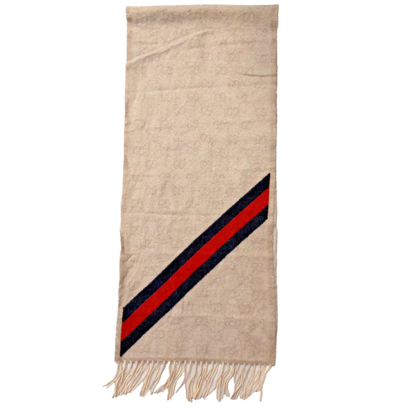 Gucci Classic Beige GG Print Blue & Red Stripe Scarf Pre-owned - Picture 6 of 14